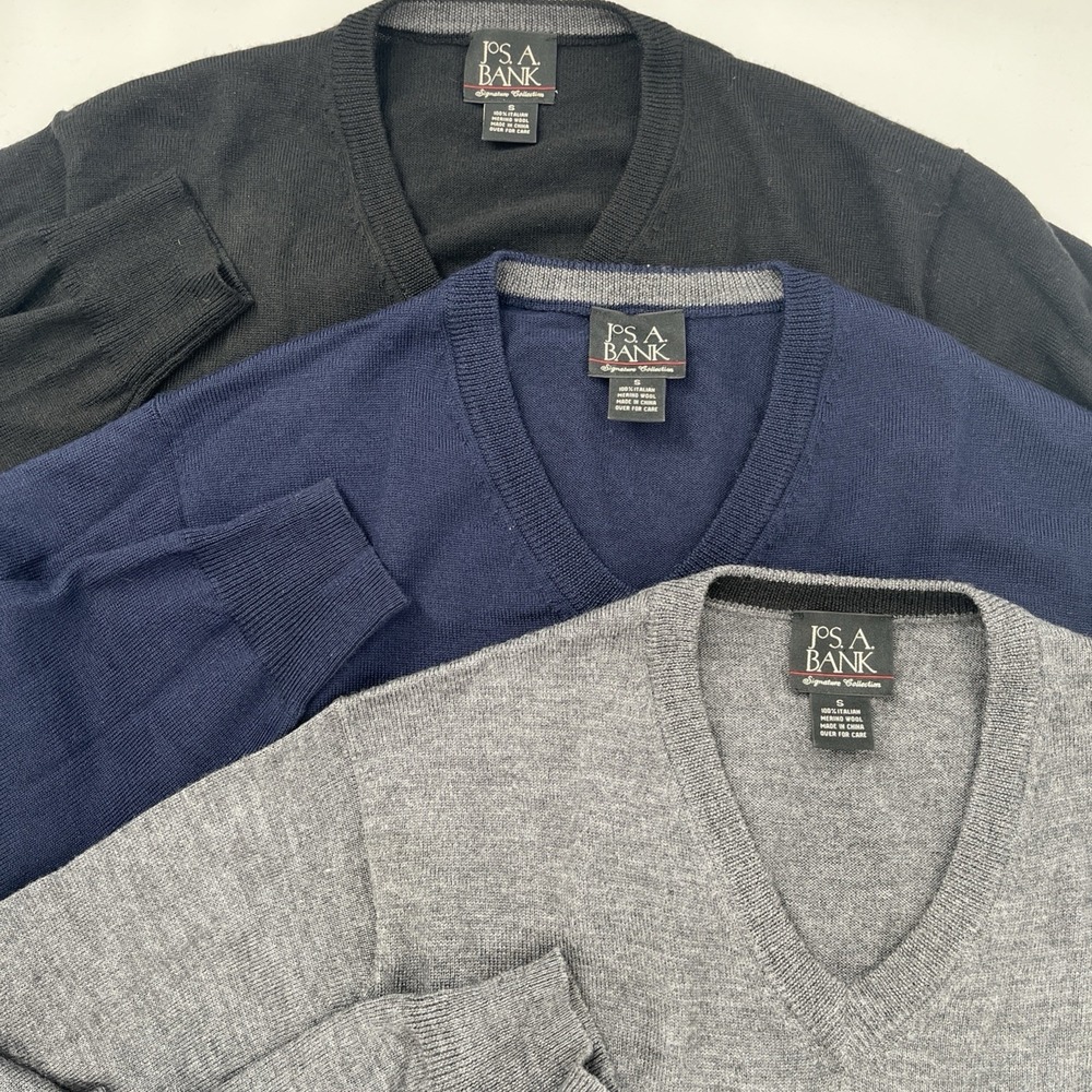 JosABank Signature Italian Merino Wool VNeck Sweater Lot-3 Gray/Navy/Black Small